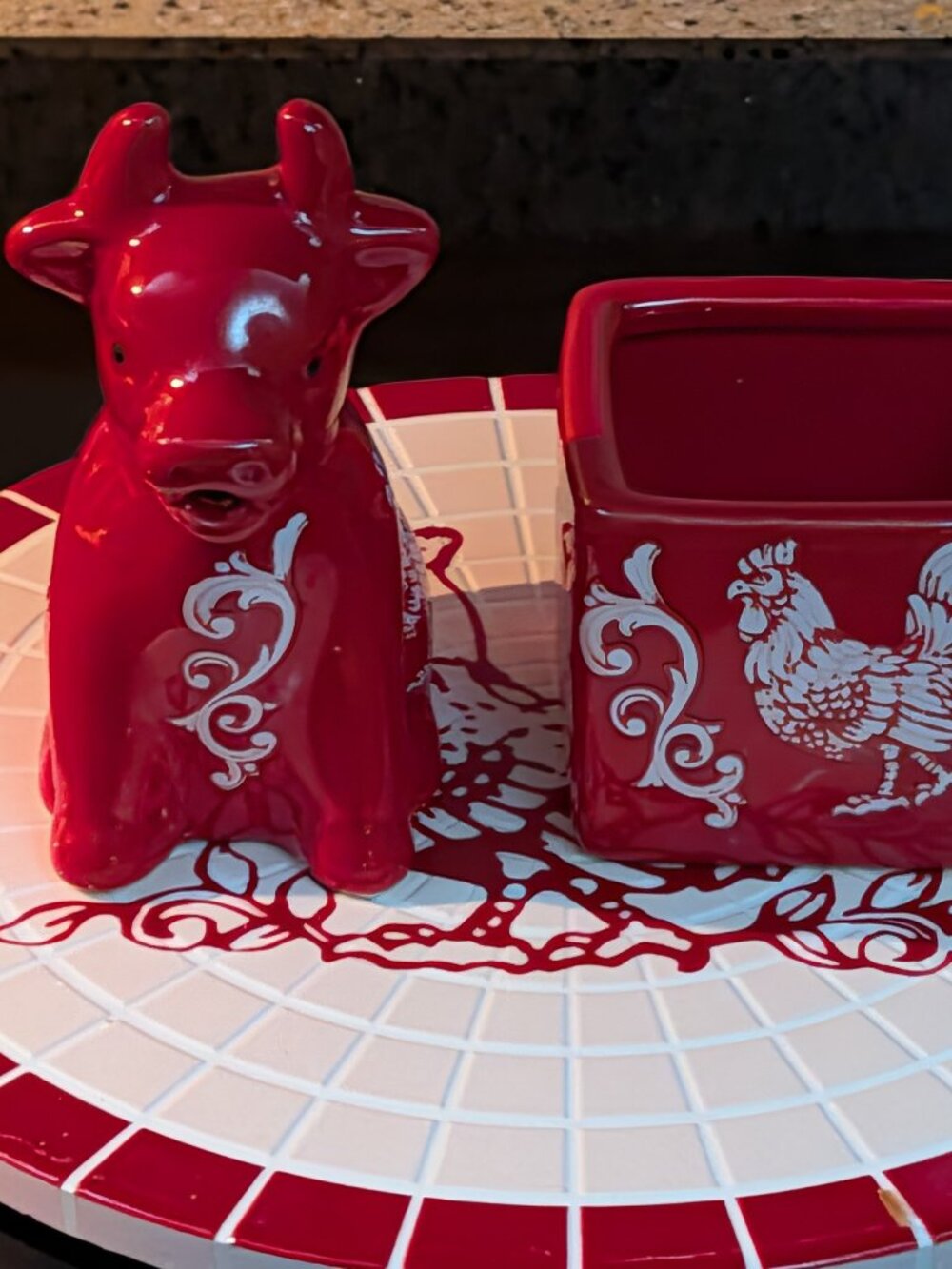 Temp-tations Red Ceramic Farmhouse Creamer and Sugar Set
